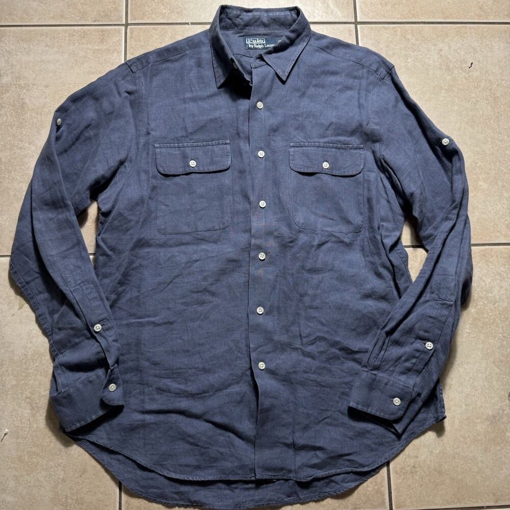 VTG Polo Ralph Lauren Linen Mens M Coastal Preppy Pockets Blue Button Down Shirt